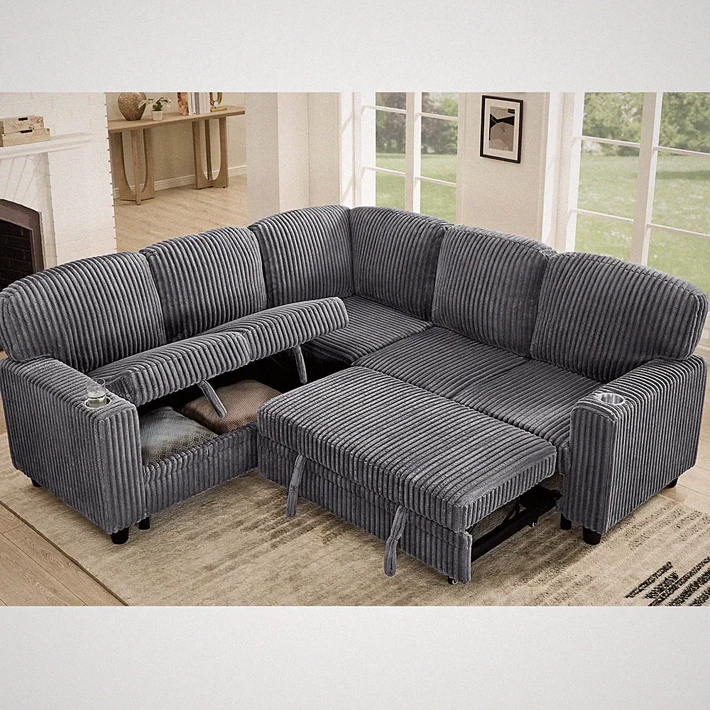 L-Shaped Sectional Sofa Bed w/Pull-Out Bed & Storage,5-Seat Sleeper Couch w/USB