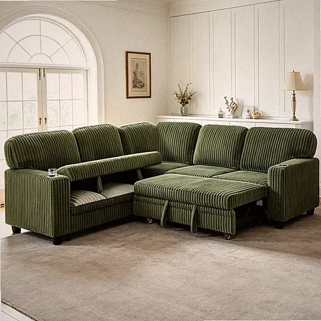 L-Shaped Sectional Sofa Bed w/Pull-Out Bed & Storage,5-Seat Sleeper Couch w/USB