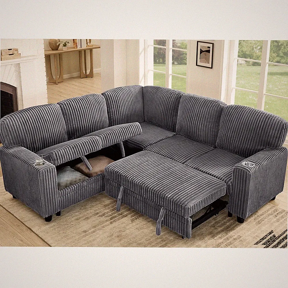 L-Shaped Sectional Sofa Bed w/ Pull-Out Bed & Storage, 5-Seat Sleeper, Grey