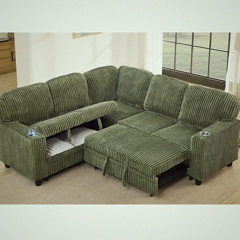 L-Shaped Sectional Sofa Bed w/ Pull-Out Sleeper, Storage & USB Charging, 5-Seat