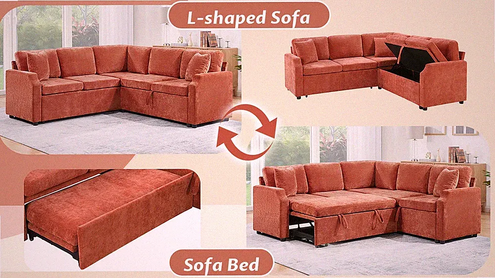 L-Shaped Sectional Sofa Bed with Integrated Storage Compartment Orange