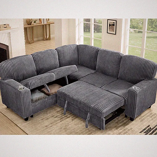 L-Shaped Sectional Sofa Bed with Pull-Out Bed & Storage, 5-Seat Sleeper Couch