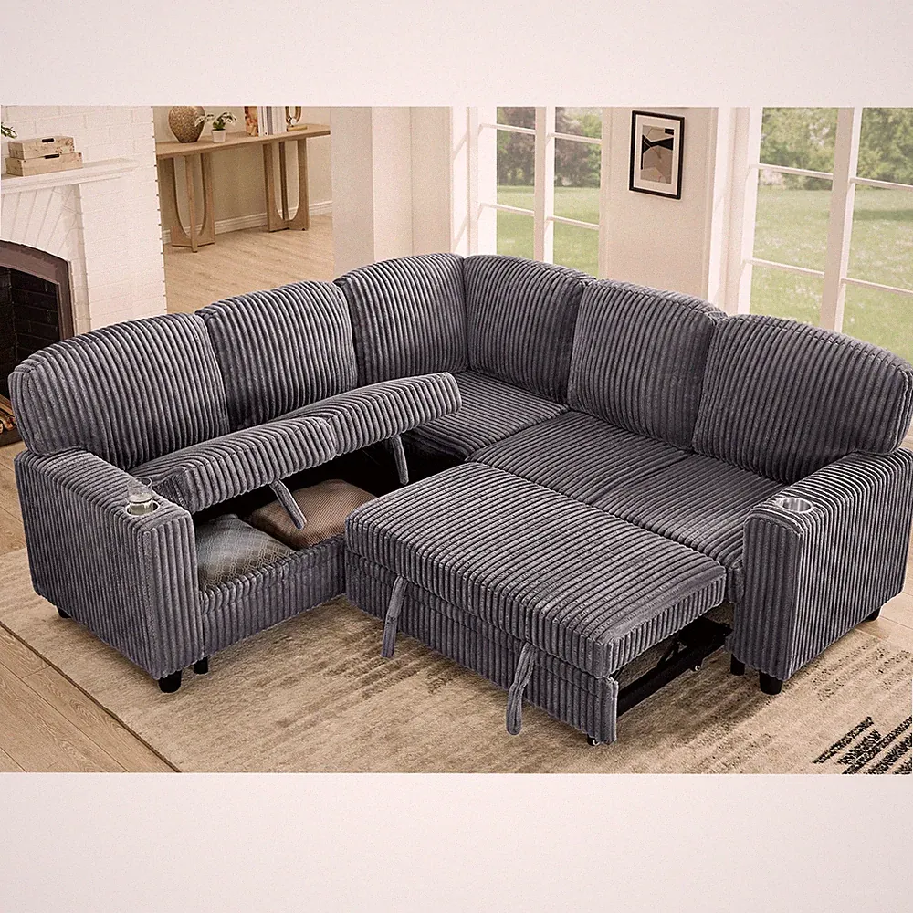 L-Shaped Sectional Sofa Bed with Pull-Out Bed & Storage, 5-Seat Sleeper Couch wi