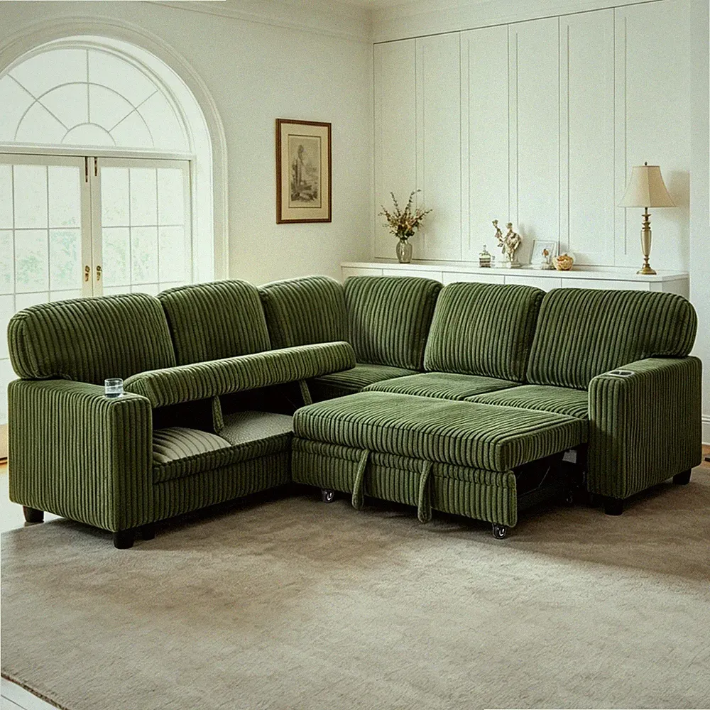 L-Shaped Sectional Sofa Bed with Pull-Out Bed & Storage, 5-Seat Sleeper Couch wi