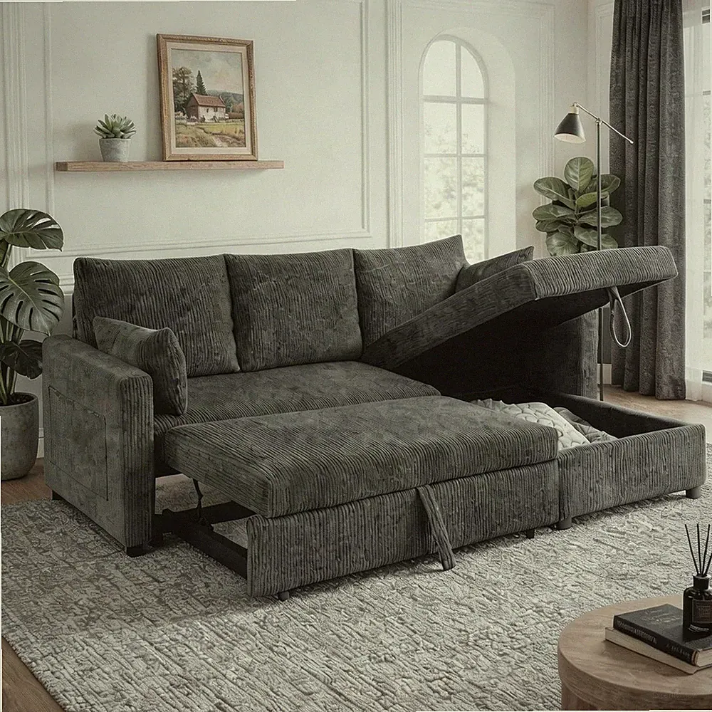 L-Shaped Sectional Sofa Bed with Storage Chaise, 3-in-1 Convertible Couch
