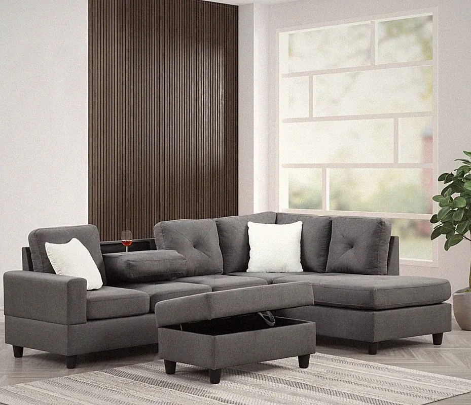 L-Shaped Sectional Sofa Charcoal Reversible w/ Drop Down Table Cupholders
