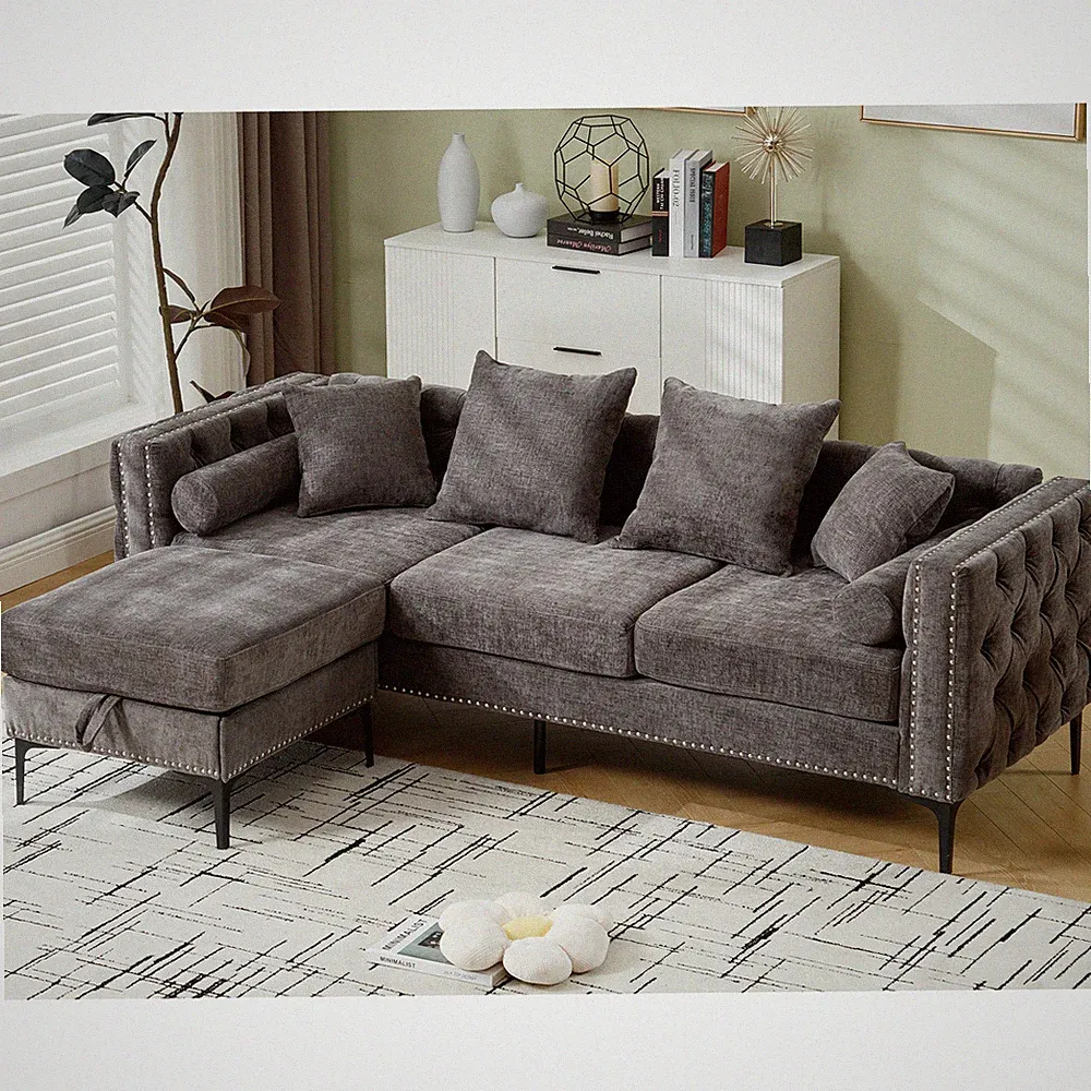 L Shaped Sectional Sofa , Convertible Storage Ottoman,Chenille ,Square Arm, Mod