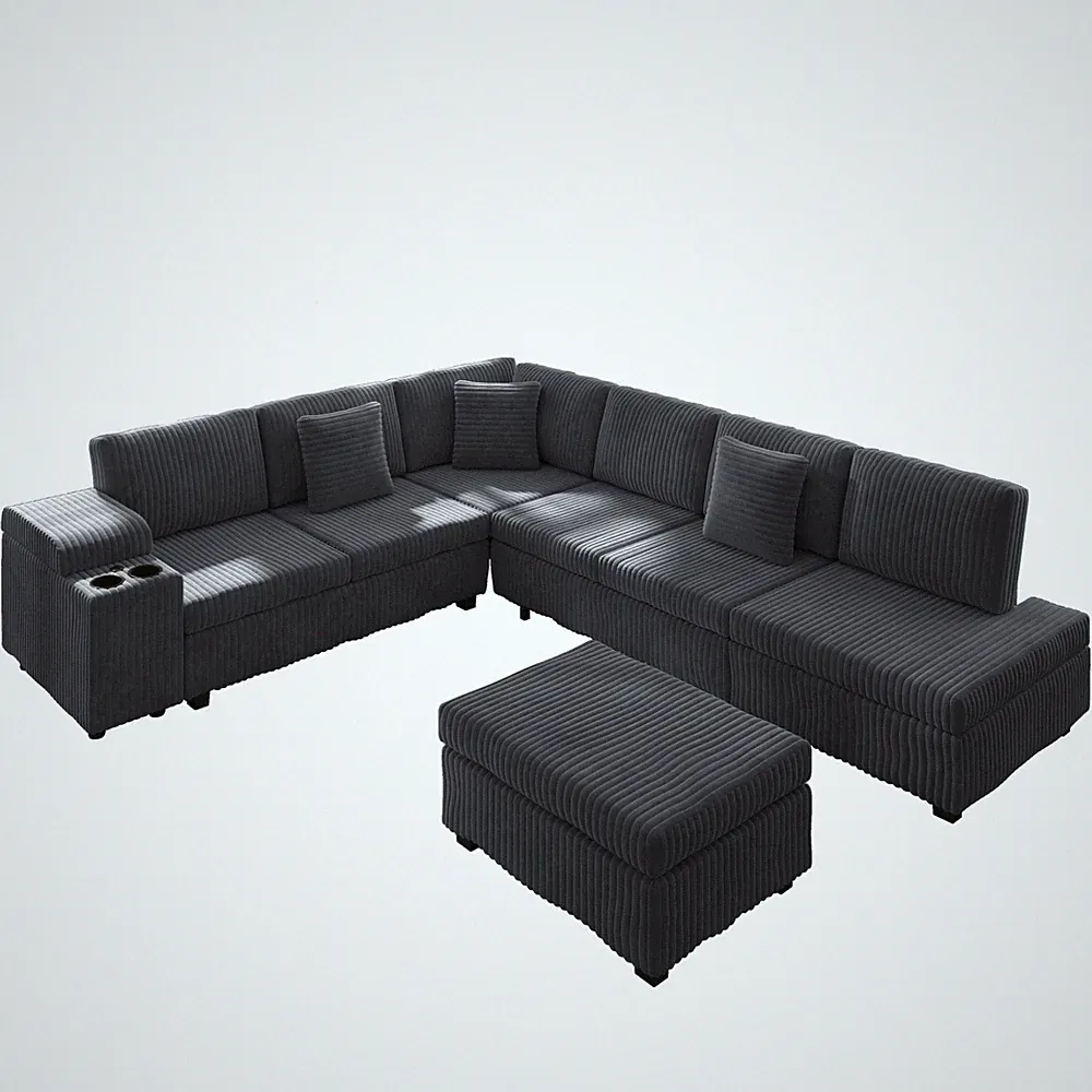 L-Shaped Sectional Sofa Corduroy Convertible Pull-Out Bed Modular Sleeper Couch