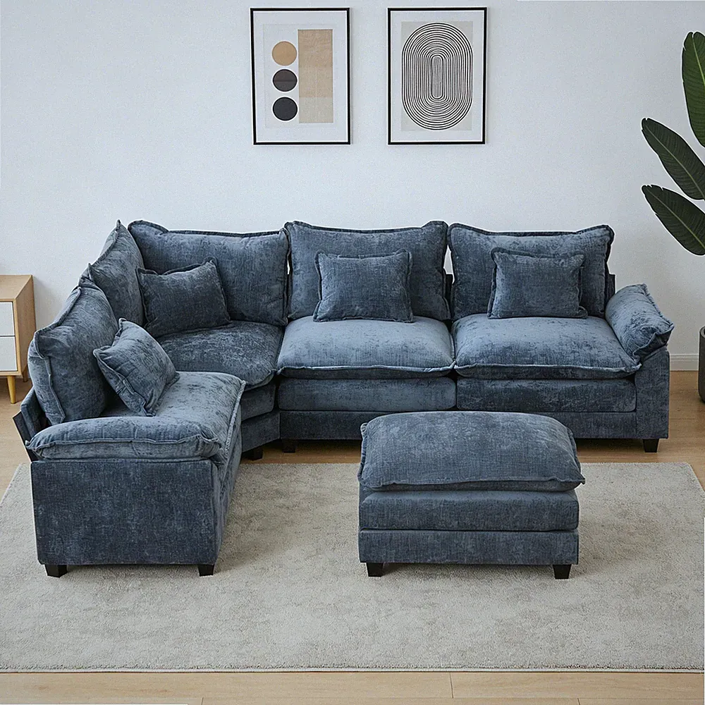 L-Shaped Sectional Sofa Corner Cloud Couch Chenille Modular Sofa w/Chaise&Pillow