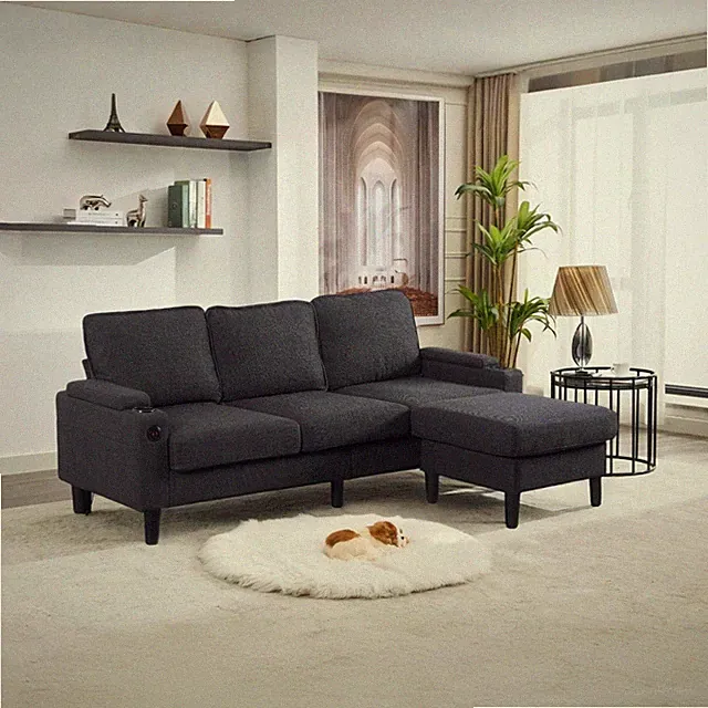 L Shaped Sectional Sofa Couch 3-Seater Sofa with Storage Ottoman & USB Port