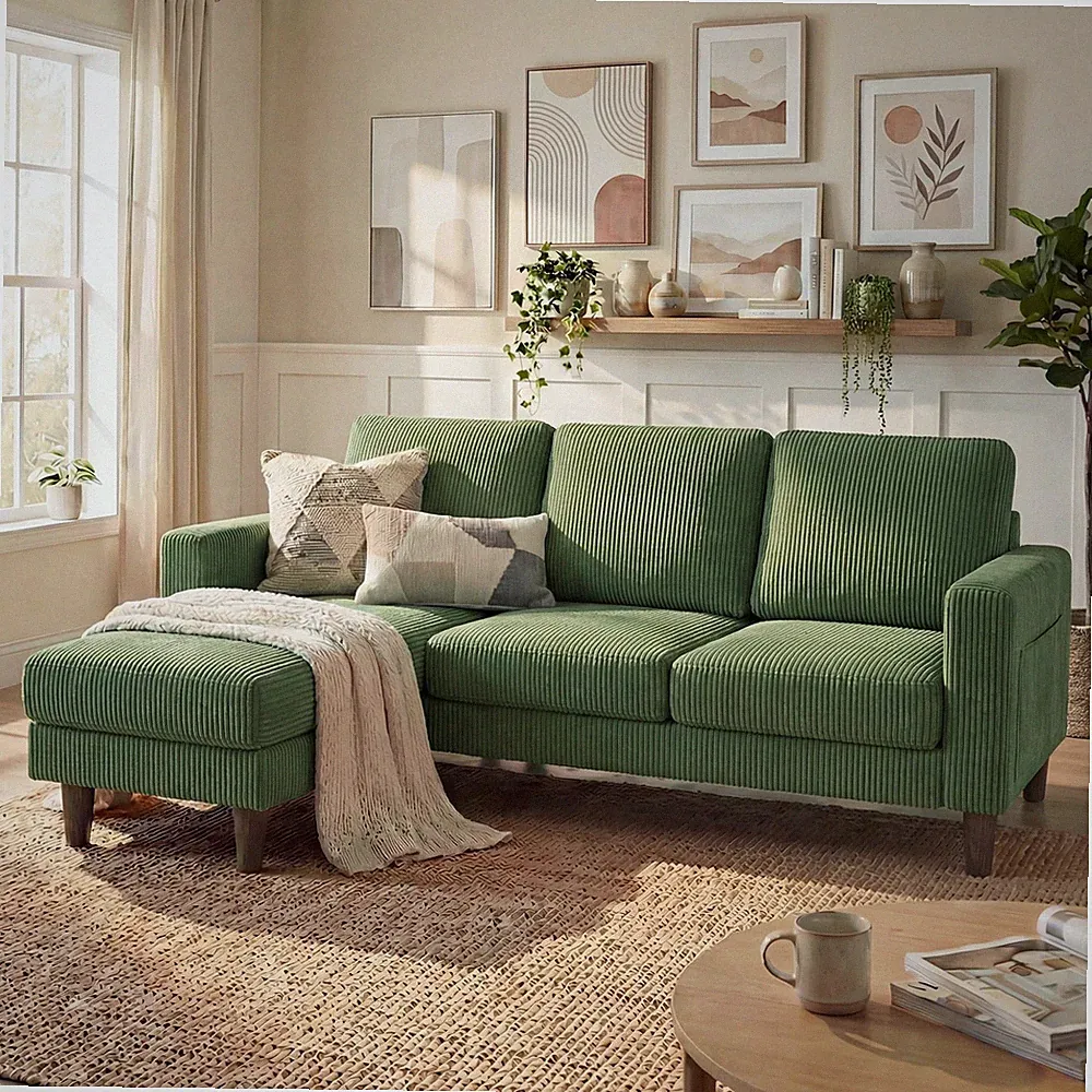 L Shaped Sectional Sofa Couch with Ottoman Storage Pocket Green Corduroy