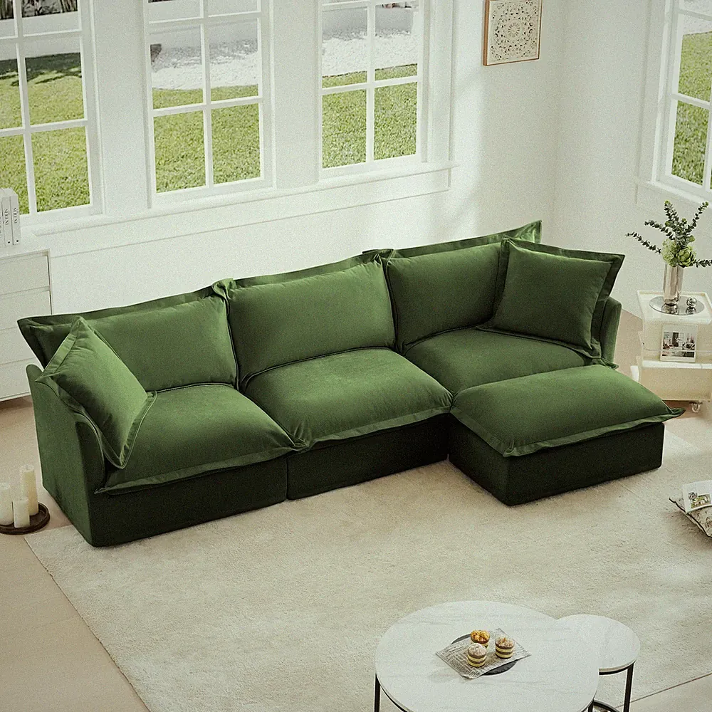 L-Shaped Sectional Sofa Green Chenille Couch with Ottoman & Pillows, Convertible