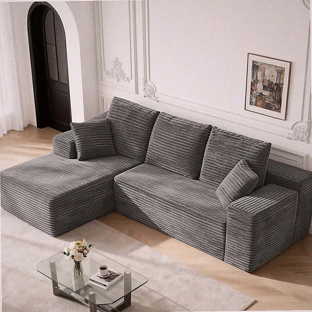 L-Shaped Sectional Sofa, Grey Corduroy Modular Chaise Couch