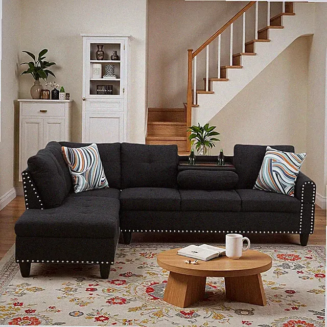 L-Shaped Sectional Sofa, Modern 4-Seat Couch with Built-In Cup Holders, Upholste