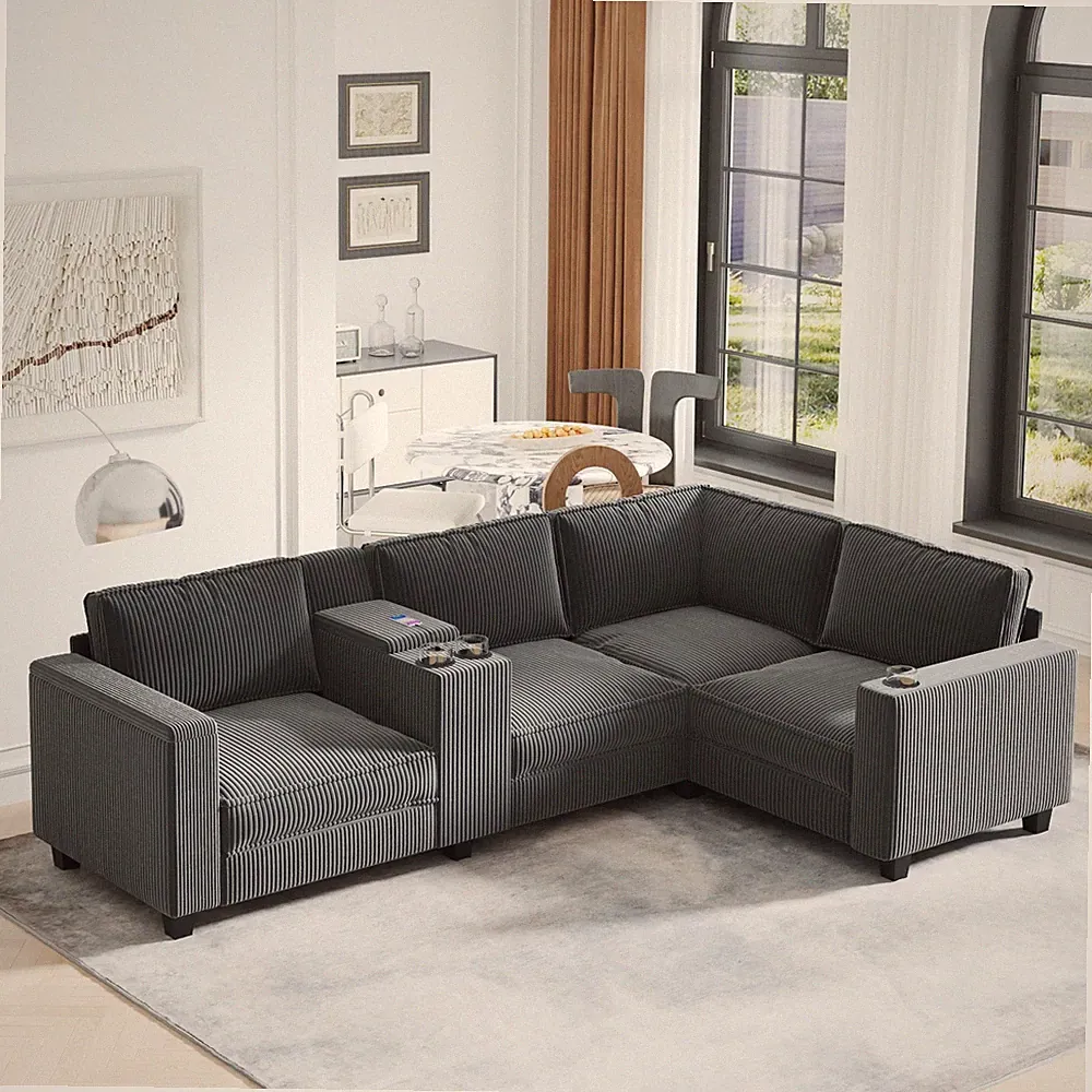 L-Shaped Sectional Sofa Modular Couch With Storage Console Cup Holders USB Ports