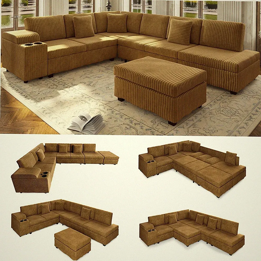 L-Shaped Sectional Sofa Set w/Storage Ottoman USB Port Cup Holder Living Room