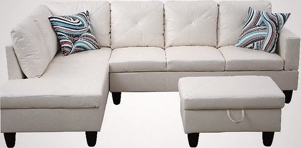 L-Shaped Sectional Sofa Set with Ottoman, Flannelette Microfiber, White, Include
