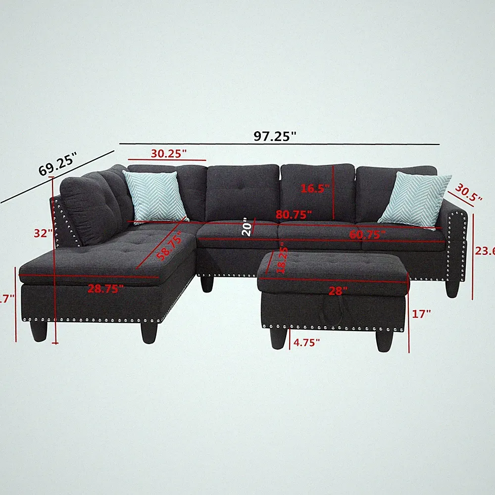 L-Shaped Upholstered Sectional Sofa Corner Sofa Couch Chaise w/ Storage Ottoman