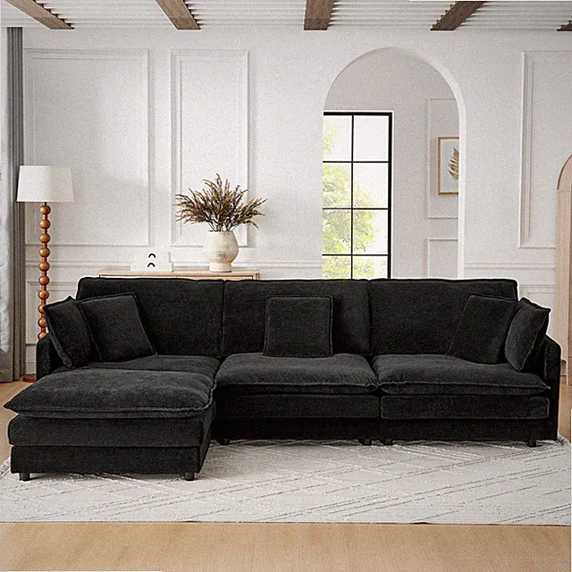 L-Shaped Sectional Sofa w/ Ottoman | Black Couch