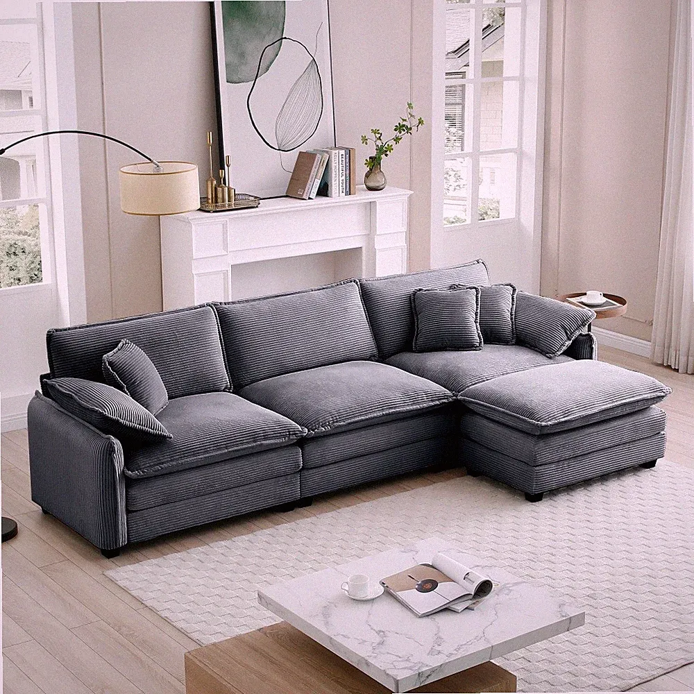 L-Shaped Sectional Sofa w/ Ottoman for Living Room, Grey Corduroy 3-Seater Couch