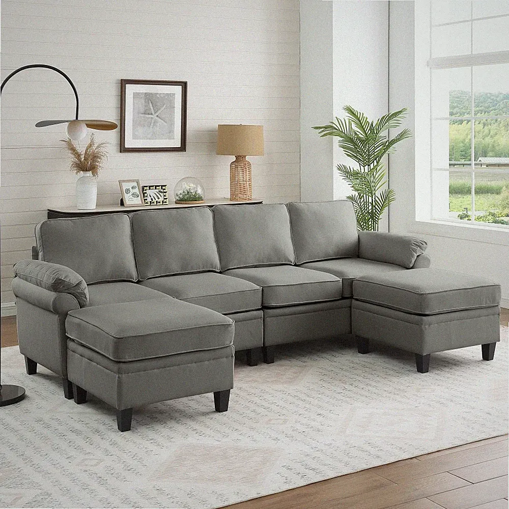 L-Shaped Sectional Sofa w/ Storage, Modular Cloud Couch, Dark Grey Linen, 6-Seat