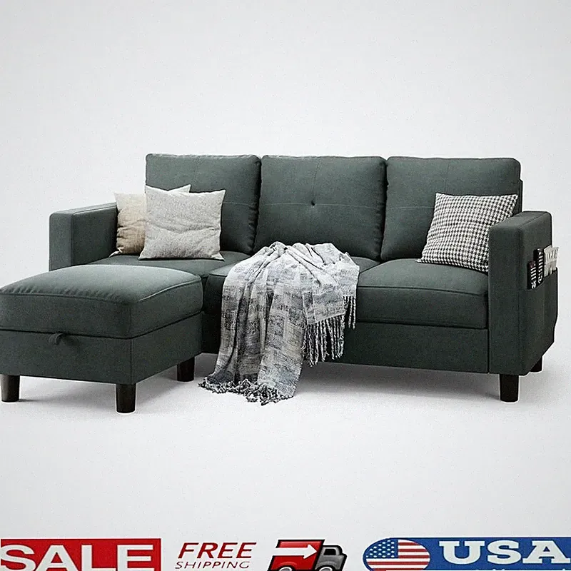 L Shaped Sectional Sofa W/ Storage Ottoman Comfortable 3 Seat Couch Small Spaces