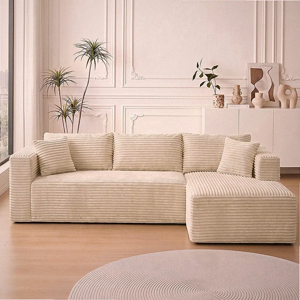 L-Shaped Sectional Sofa with Chaise 105" Beige Corduroy Cloud Couch