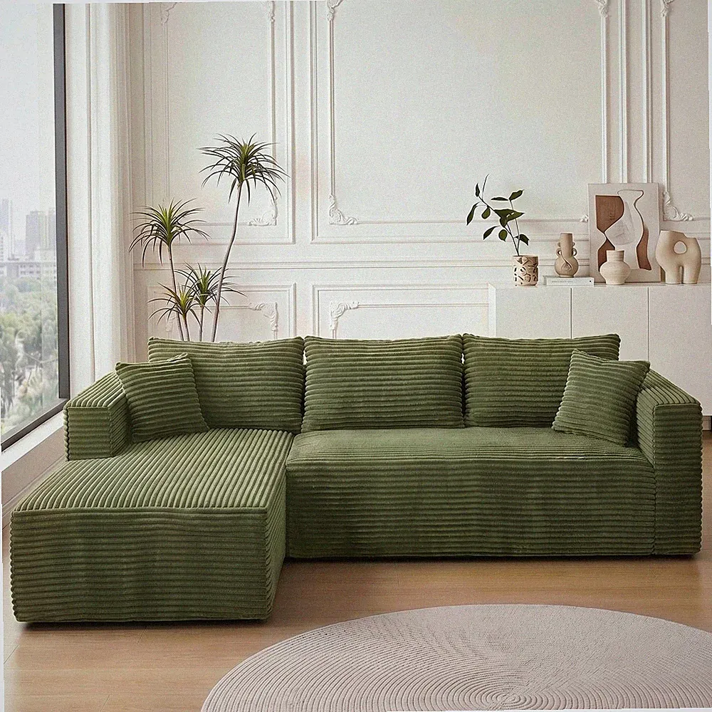 L-Shaped Sectional Sofa with Chaise 105" Green Corduroy Modular Cloud Couch