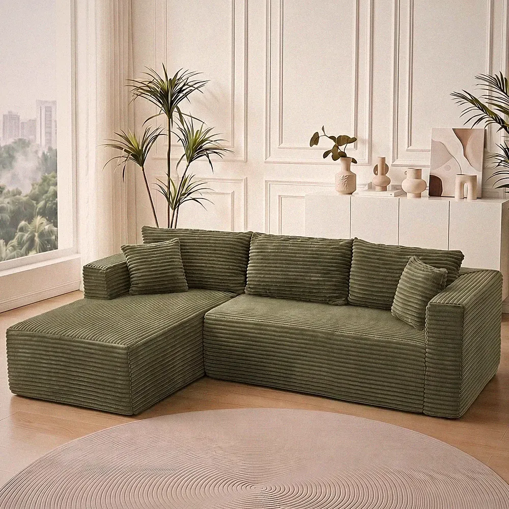 L-Shaped Sectional Sofa with Chaise 105" Green Corduroy Modular Cloud Couch