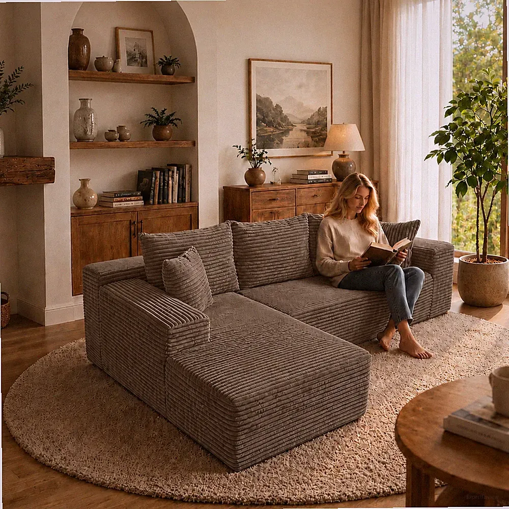 L-Shaped Sectional Sofa with Chaise Lounge, 3-Seater Corduroy Couch