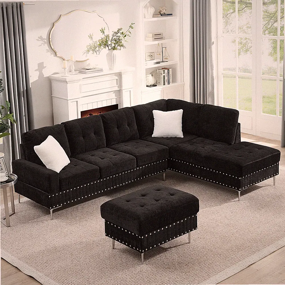 L-Shaped Sectional Sofa with Chaise & Storage Ottoman, Black Chenille, 102"W