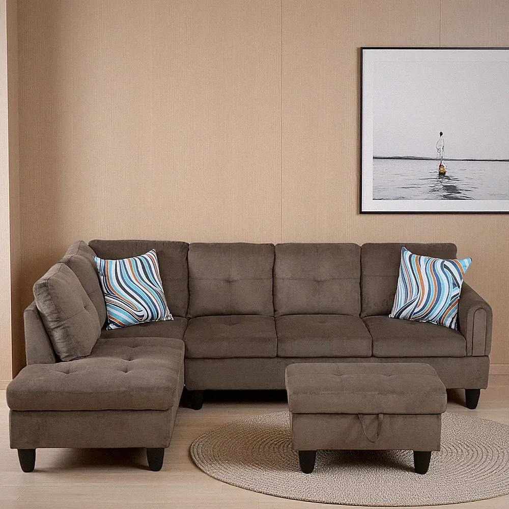 L Shaped Sectional Sofa with Chaise & Storage Ottoman for Small Spaces, Brown