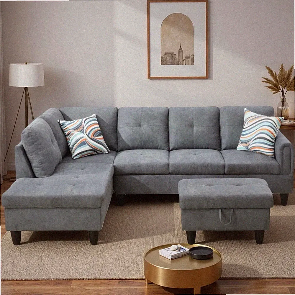 L Shaped Sectional Sofa with Chaise & Storage Ottoman for Small Spaces, Dark Gre