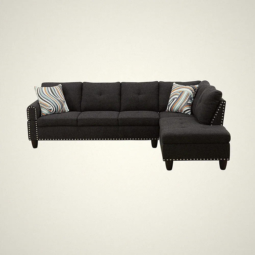 L-Shaped Sectional Sofa with Cup Holder, Ottoman, Black Faux Leather