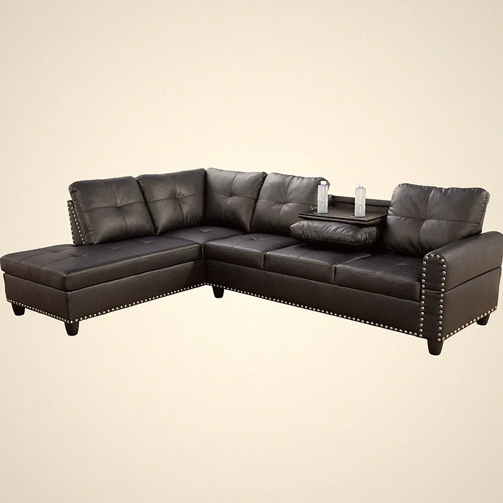 L-Shaped Sectional Sofa with Cup Holder, Ottoman, Black Faux Leather