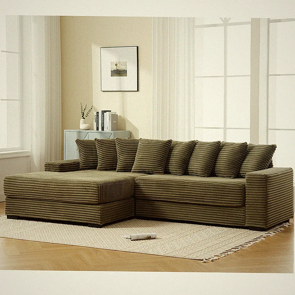 L-Shaped Sectional Sofa with Left Chaise, Corduroy, Green, 8 Pillows