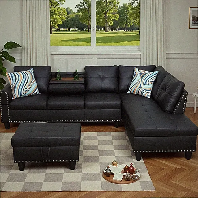 L-Shaped Sectional Sofa with Movable Chaise & Storage Ottoman - 3-Piece Leather