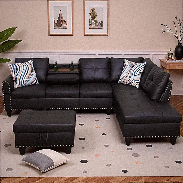 L-Shaped Sectional Sofa with Movable Chaise & Storage Ottoman, Leather 3-Piece M