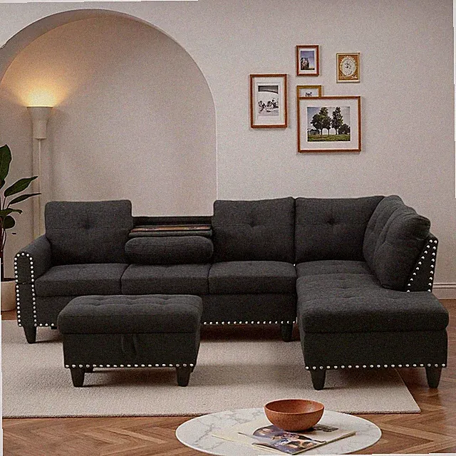L-Shaped Sectional Sofa with Movable Chaise & Storage Ottoman, Lounge 3-Piece Mo