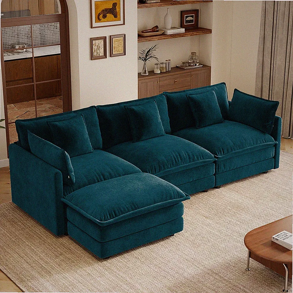 L-Shaped Sectional Sofa with Ottoman 103.8 x 99 in Blue Chenille Living