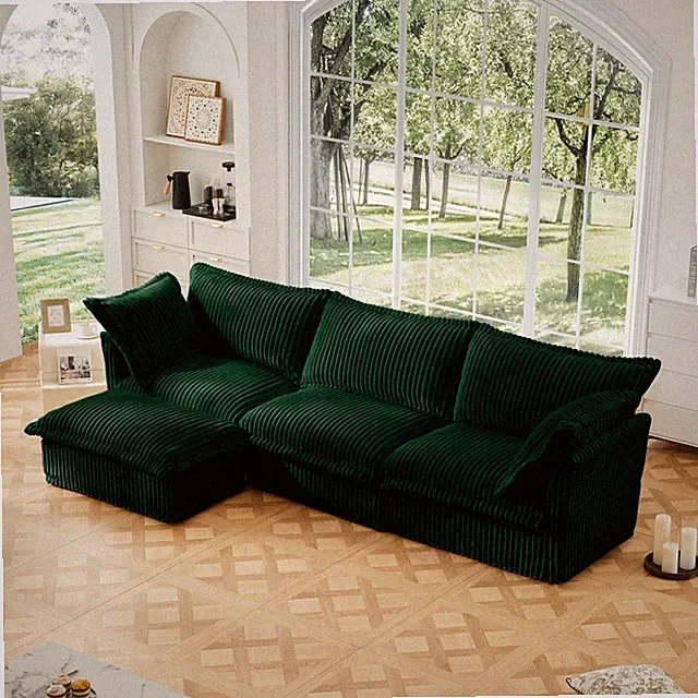 L-Shaped Sectional Sofa with Ottoman & 2 Pillows, Green Corduroy, 3 Seater