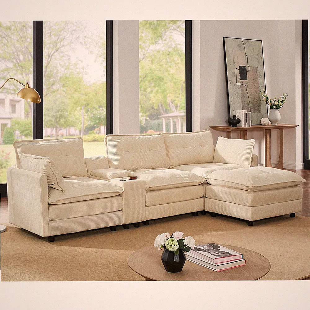L-Shaped Sectional Sofa with Ottoman, Console & USB Charging, Beige