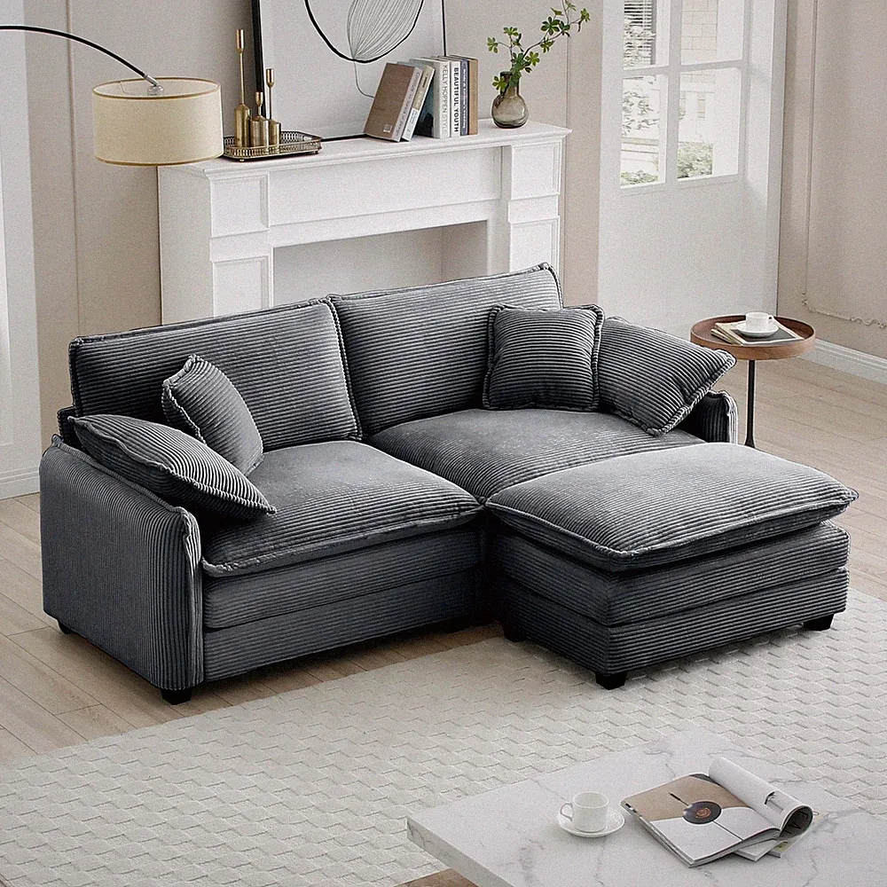 L-Shaped Sectional Sofa with Ottoman, Gray Corduroy 2-Seater Small Spaces