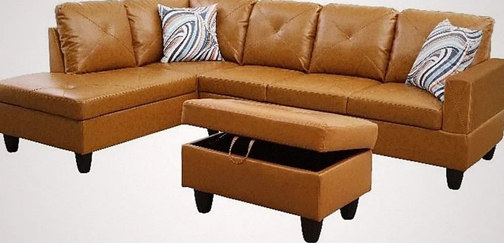L-Shaped Sectional Sofa with Ottoman, Microfiber Flannelette, Ginger Color, Toss