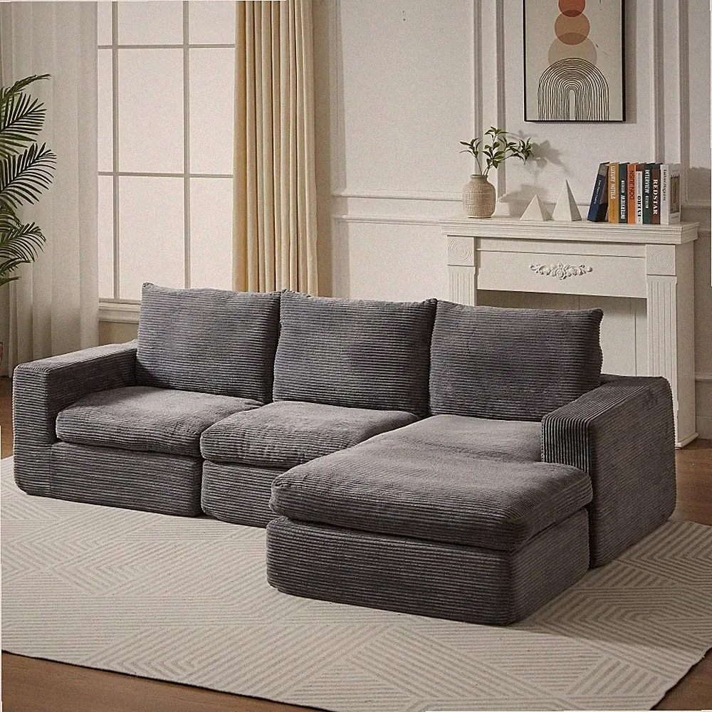 L-Shaped Sectional Sofa with Reversible Chaise Leg, Comfy Corduroy, 3 Pillows