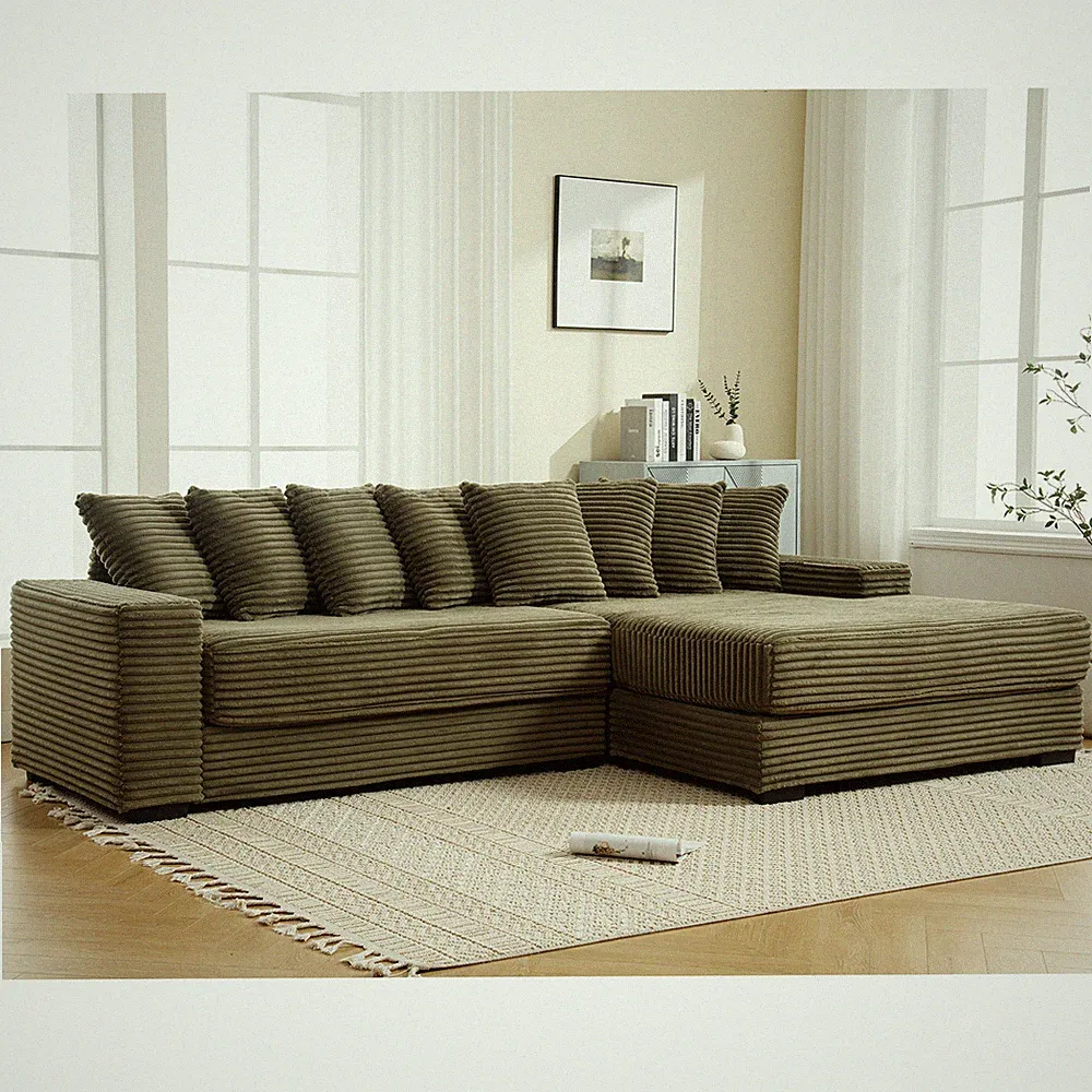 L-Shaped Sectional Sofa with Right Chaise, Corduroy, Green, 8 Pillows