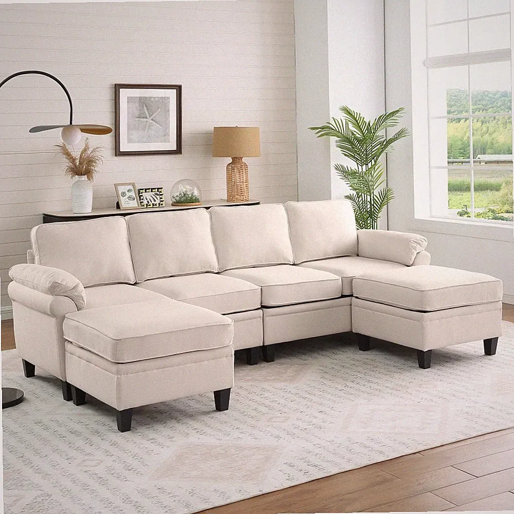 L-Shaped Sectional Sofa with Storage, 6 Seats, Beige Linen Fabric