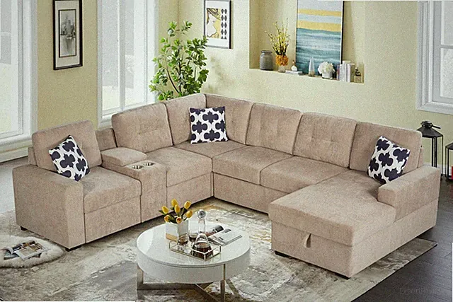 L-Shaped Sectional Sofa with Storage and Cup Holders