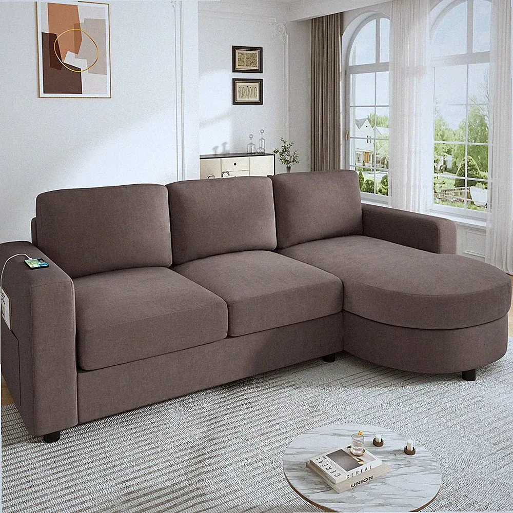 L-Shaped Sectional Sofa with Storage Chaise & USB Ports, Brown