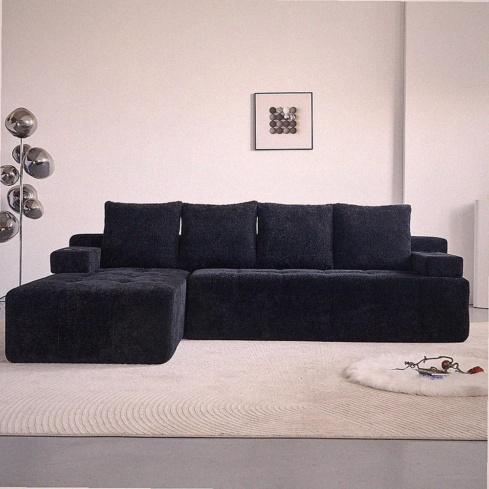 L-Shaped Sectional Sofa with USB Charging Ports Bluetooth Speaker Chenille Black